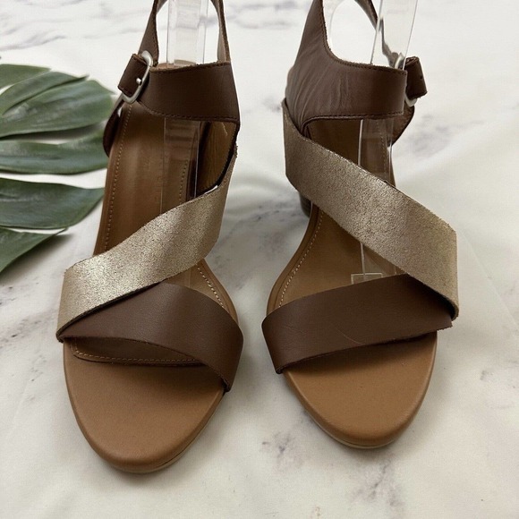 Emu Australia Dawn Stacked Heel Sandals Size 9 New Brown Gold Leather Strappy - Picture 3 of 7